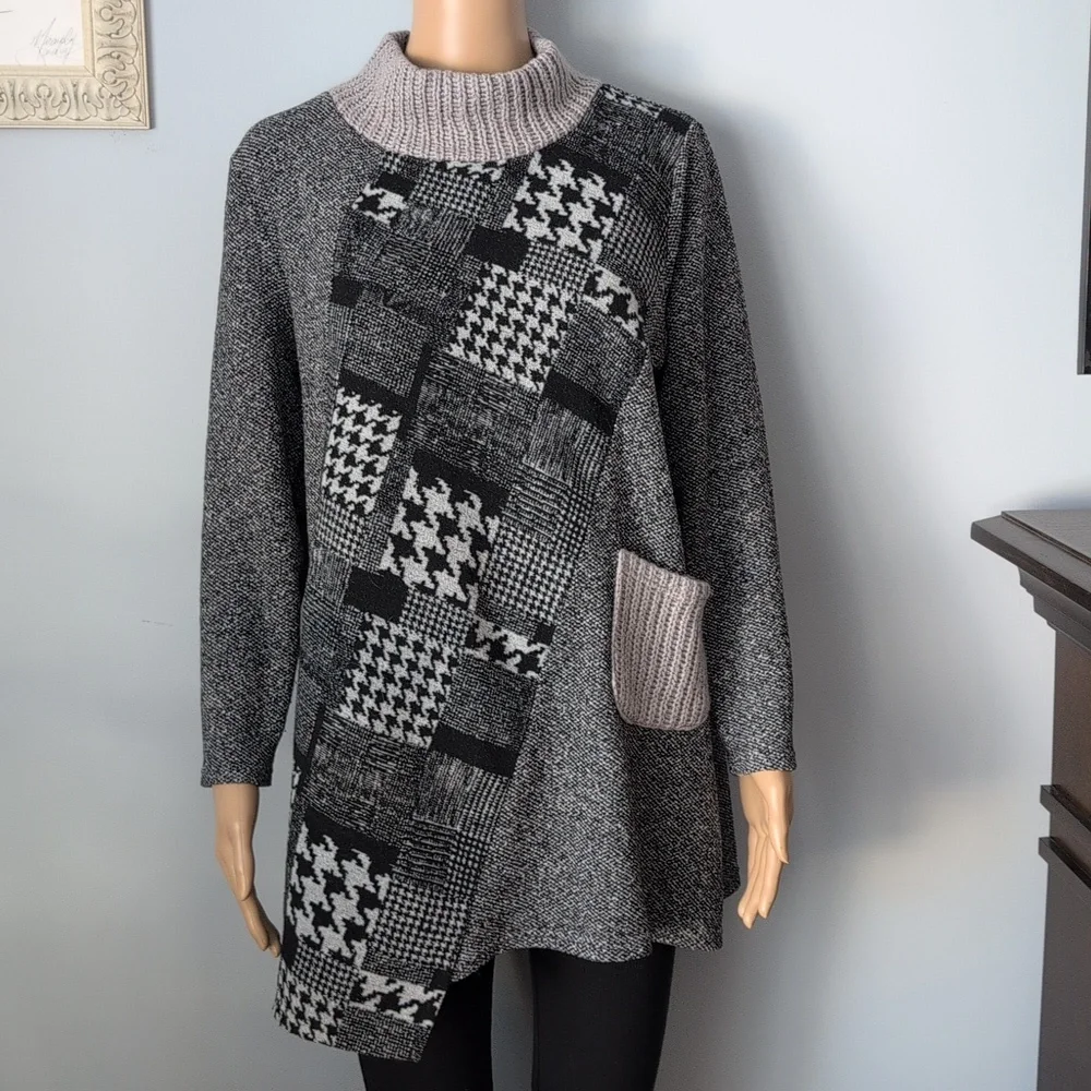 Trisha Tayler Lagenlook Patchwork Houndstooth Knit Tunic Sweater Size L - Picture 3 of 15